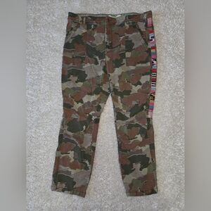 Anthropologie Green and Brown Camouflage Pants With Tribal Embroidery, Size 32